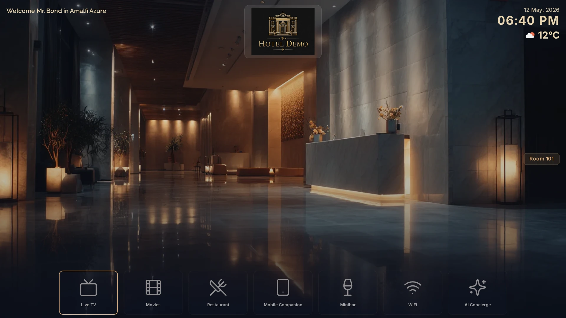 COTT.TV hotel TV home menu with Live TV, Movies, AI Concierge, and Restaurant tiles