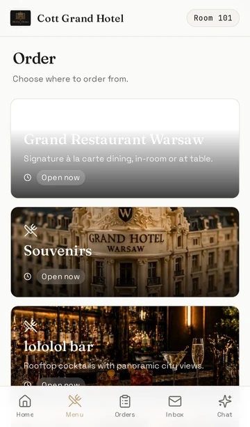 COTT companion app showing the live restaurant ordering view
